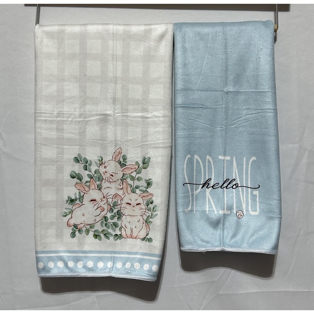 Blue Easter Bunny Hello Spring Kitchen Dish Towel‎ Set of 2 Microfiber New